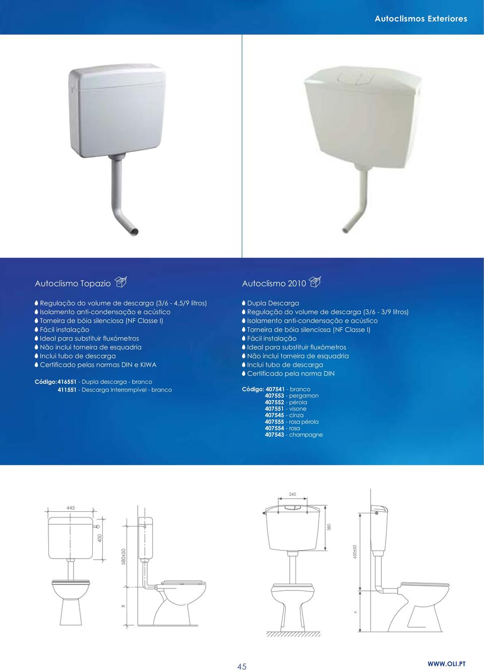 descarga (3/6-3/9 litros) Ideal para substituir fluxómetros Certificado pela norma DIN Código: 407541 - branco 407553 - pergamon 407552