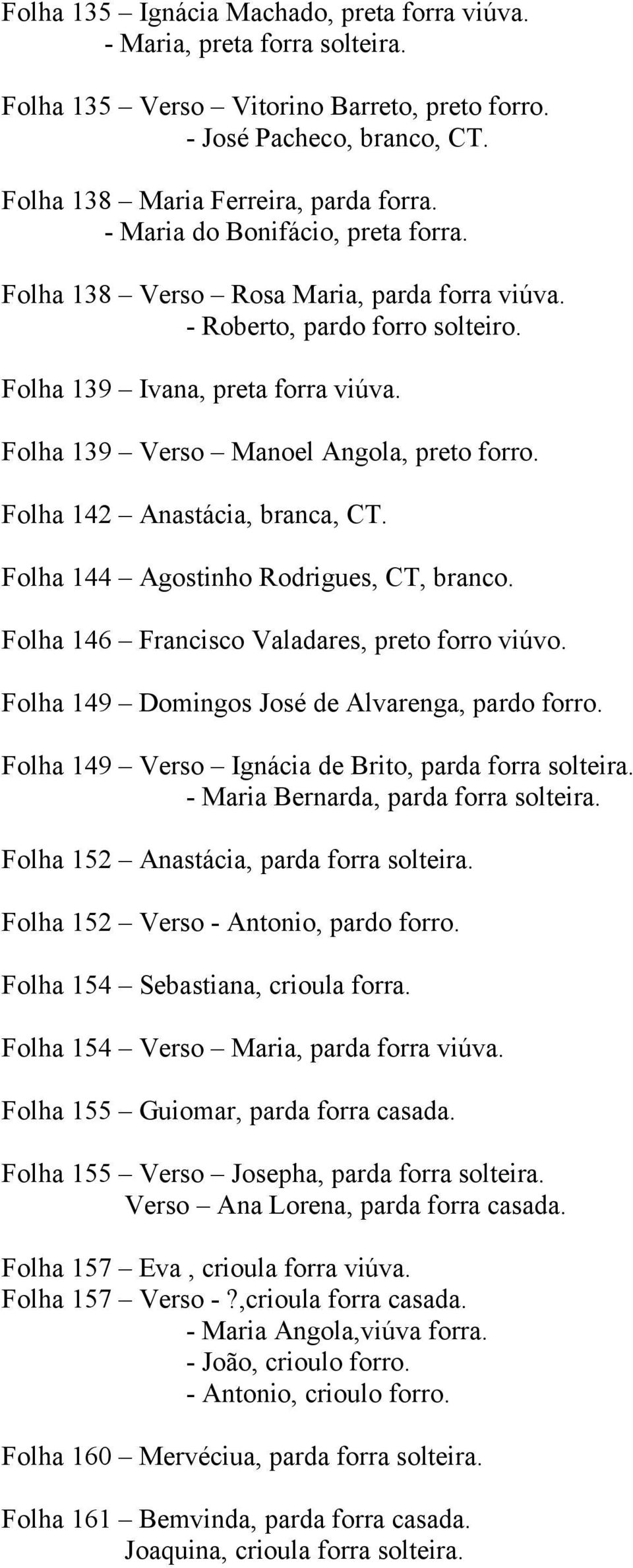 Folha 142 Anastácia, branca, CT. Folha 144 Agostinho Rodrigues, CT, branco. Folha 146 Francisco Valadares, preto forro viúvo. Folha 149 Domingos José de Alvarenga, pardo forro.