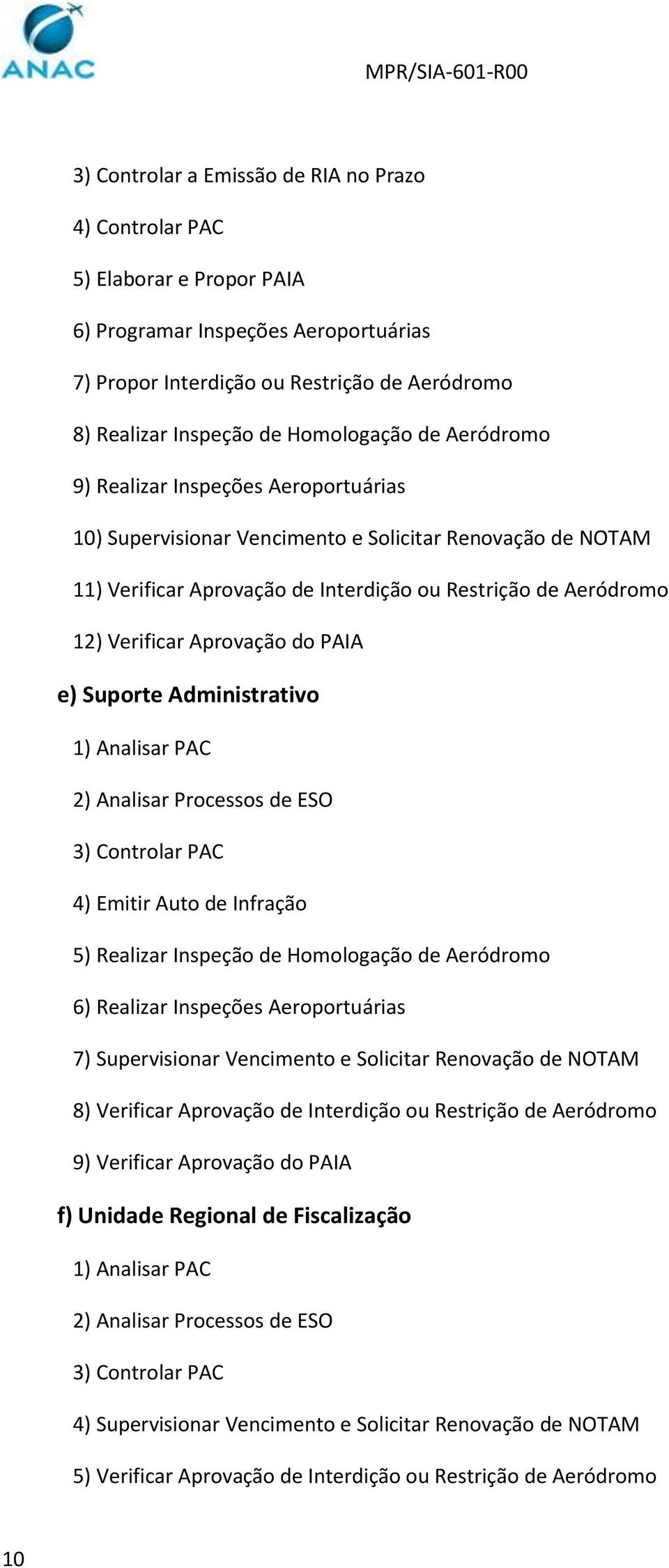 Aprovação do PAIA e) Suporte Administrativo 1) Analisar PAC 2) Analisar Processos de ESO 3) Controlar PAC 4) Emitir Auto de Infração 5) Realizar Inspeção de Homologação de Aeródromo 6) Realizar