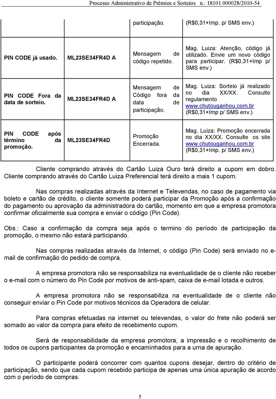 Luiz: Sorteio já relizdo no di XX/XX. Consulte regulmento www.chutougnhou.com.br (R$0,31+Imp p/ SMS env.) PIN CODE pós término d promoção. ML23SE34FR4D Promoção Encerrd. Mg.