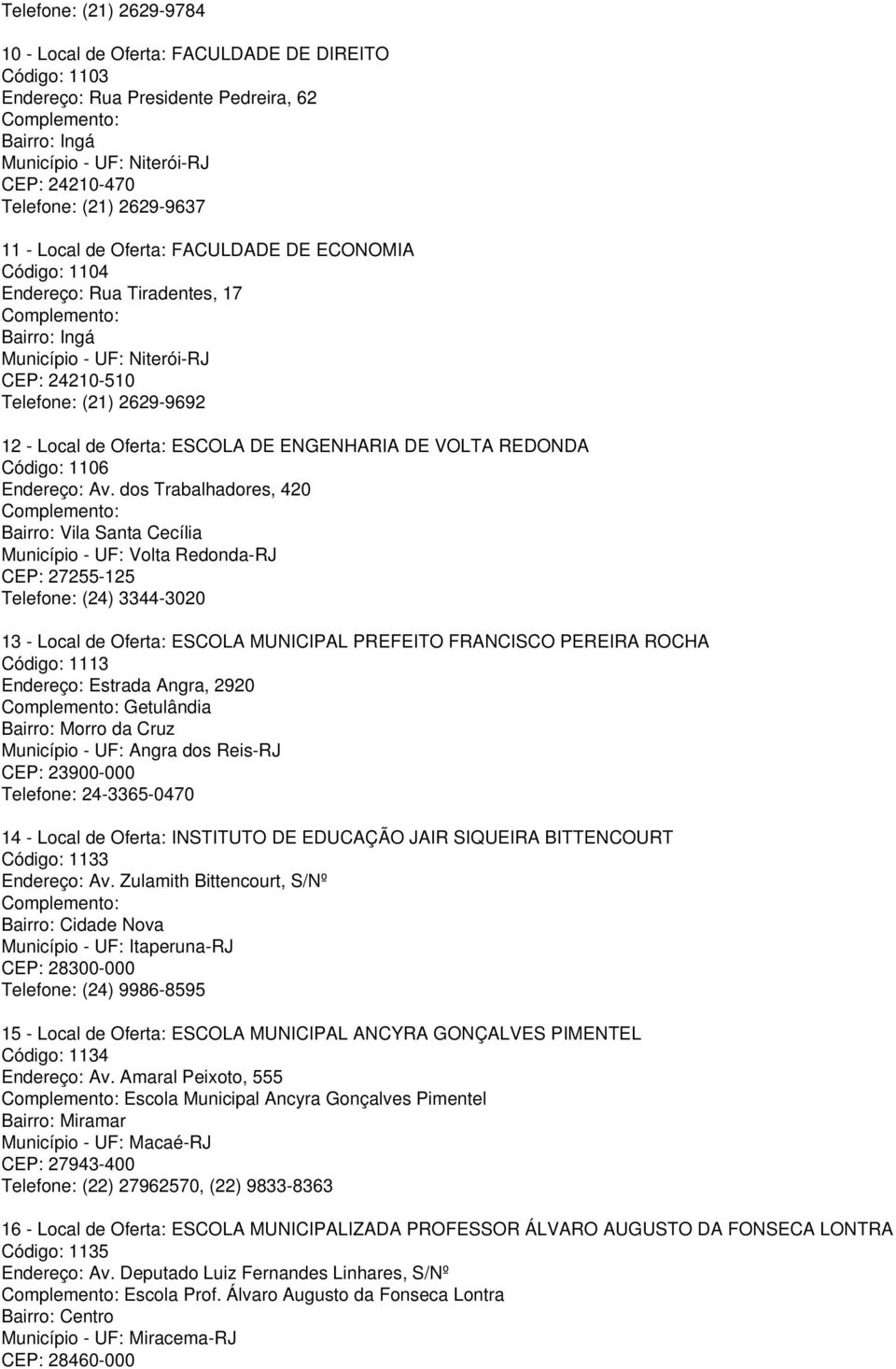 Local de Oferta: ESCOLA DE ENGENHARIA DE VOLTA REDONDA Código: 1106 Endereço: Av.