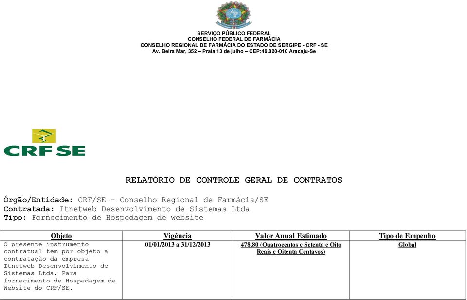 Sistemas Ltda. Para fornecimento de Hospedagem de Website do CRF/SE.