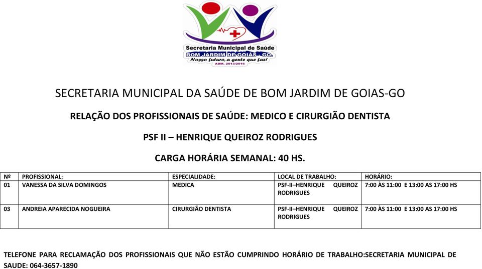 ÀS 11:00 E 13:00 AS 17:00 HS RODRIGUES 03 ANDREIA APARECIDA NOGUEIRA CIRURGIÃO