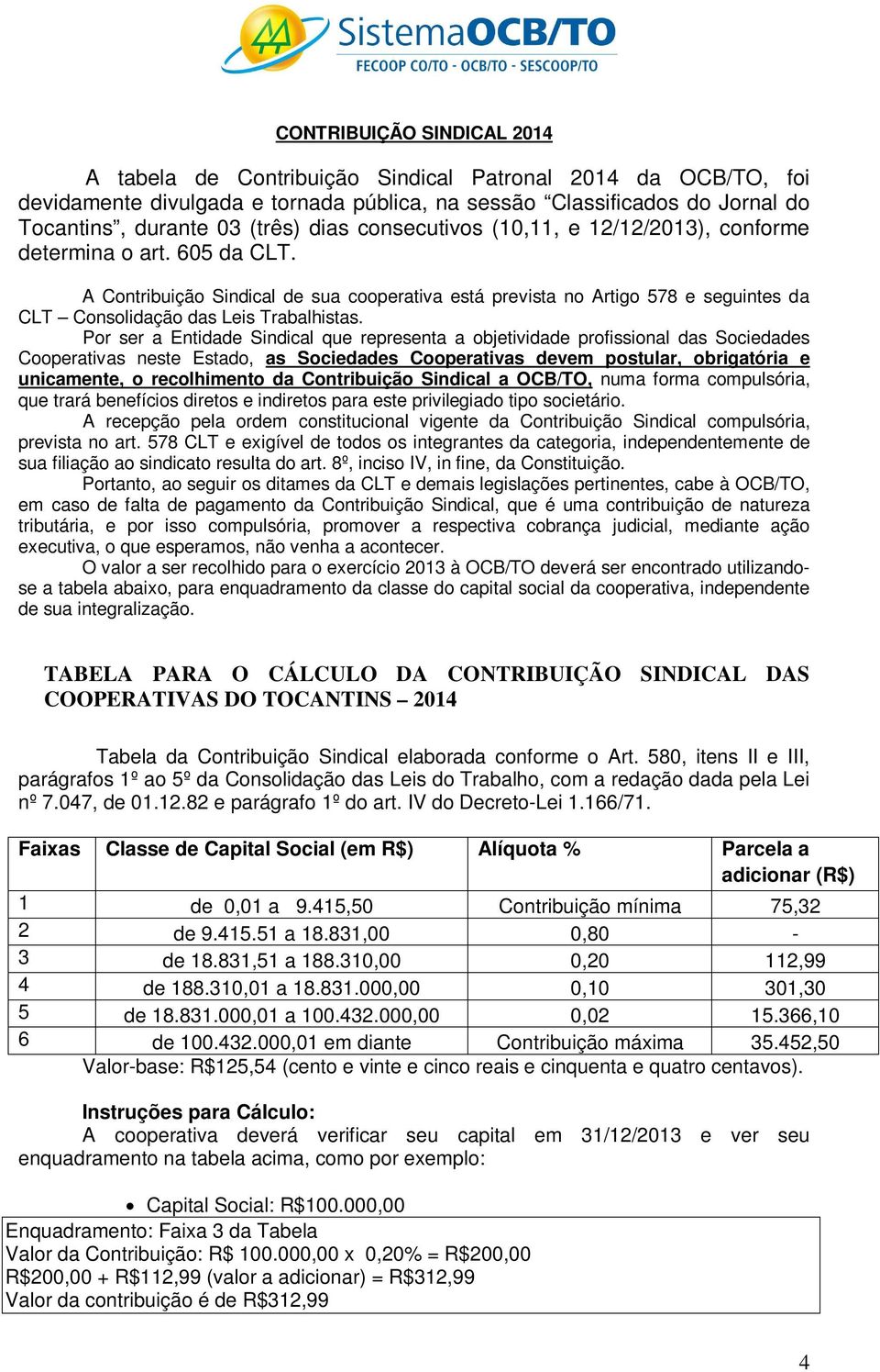 Por ser a Entidade Sindical que representa a objetividade profissional das Sociedades Cooperativas neste Estado, as Sociedades Cooperativas devem postular, obrigatória e unicamente, o recolhimento da