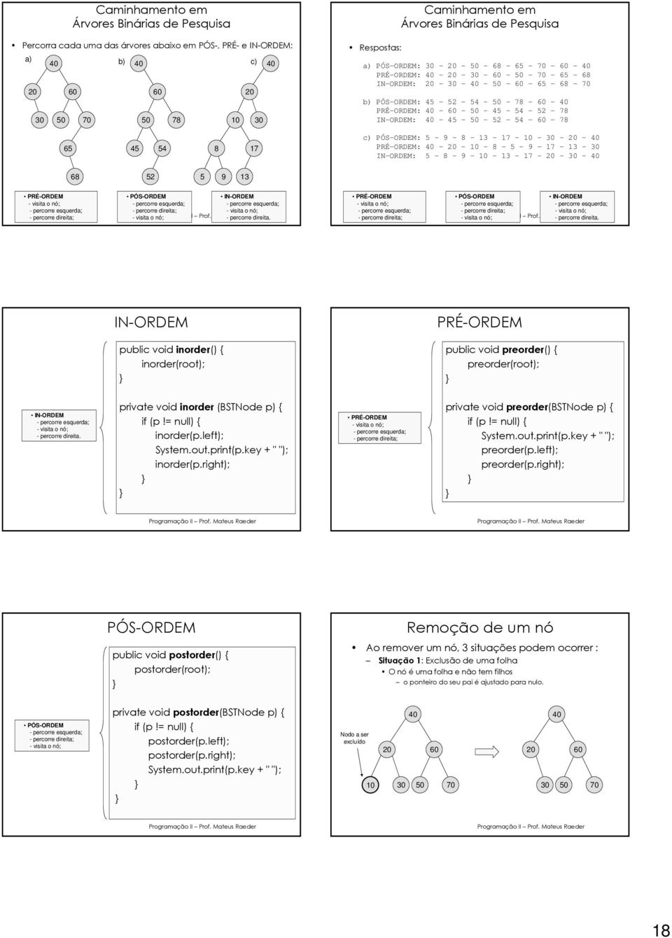 5 - - 9-10 - 13-17 - - 30-6 52 5 9 13 PRÉ-ORDEM - ercorre esquerda; - ercorre direita; PÓS-ORDEM IN-ORDEM PRÉ-ORDEM PÓS-ORDEM IN-ORDEM - ercorre esquerda; - ercorre esquerda; - ercorre esquerda; -
