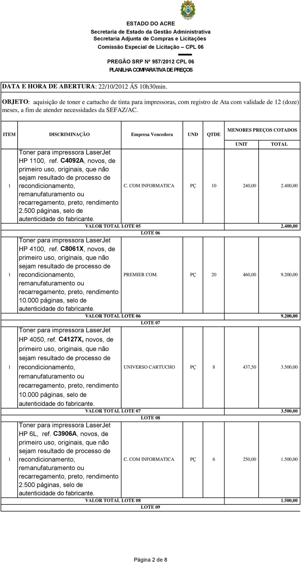 500 páginas, selo de HP 400, ref. C806X, novos, de 0.000 páginas, selo de HP 4050, ref. C47X, novos, de 0.000 páginas, selo de HP 6L, ref. C3906A, novos, de.