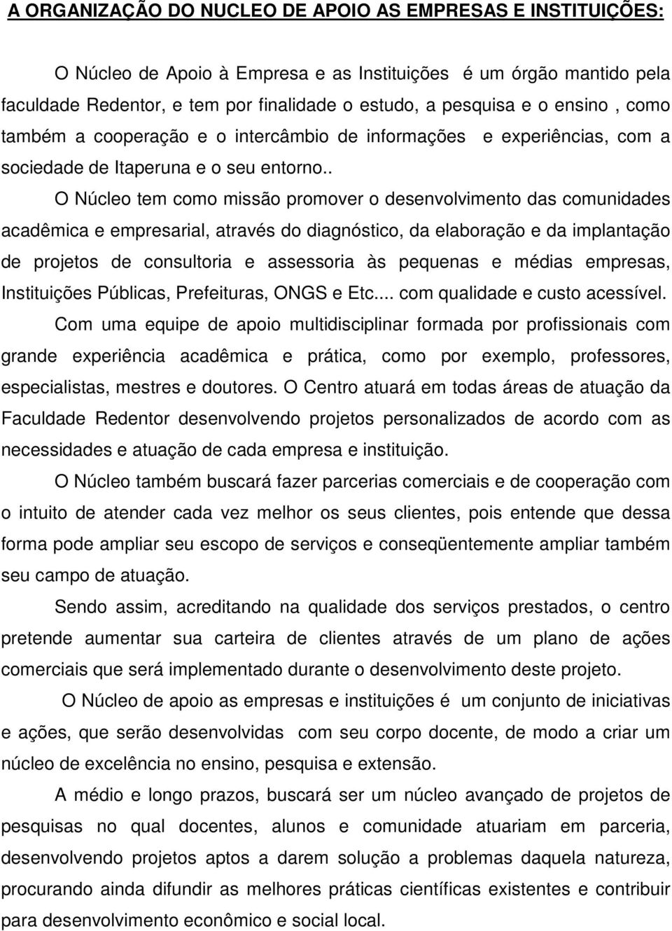 . O Núcleo tem como missão promover o desenvolvimento das comunidades acadêmica e empresarial, através do diagnóstico, da elaboração e da implantação de projetos de consultoria e assessoria às