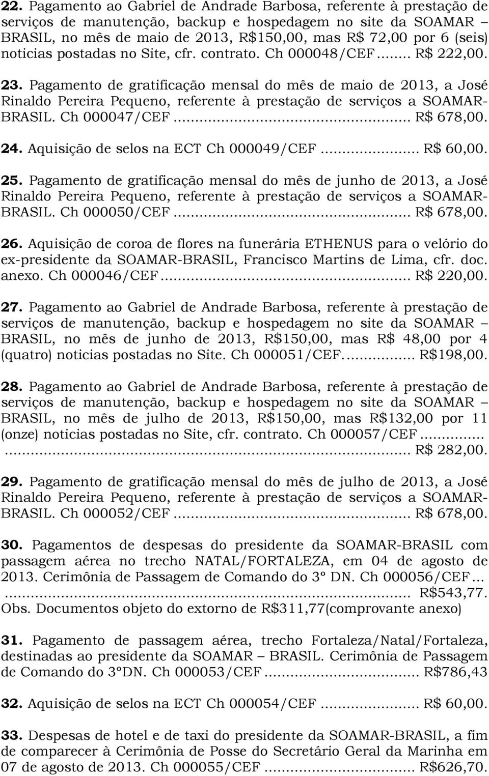 Pagamento de gratificação mensal do mês de junho de 2013, a José BRASIL. Ch 000050/CEF... R$ 678,00. 26.
