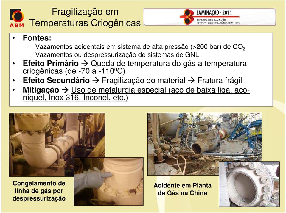 (de -70 a -110 0 C) Efeito Secundário Fragilização do material Fratura frágil Mitigação Uso de metalurgia especial (aço de