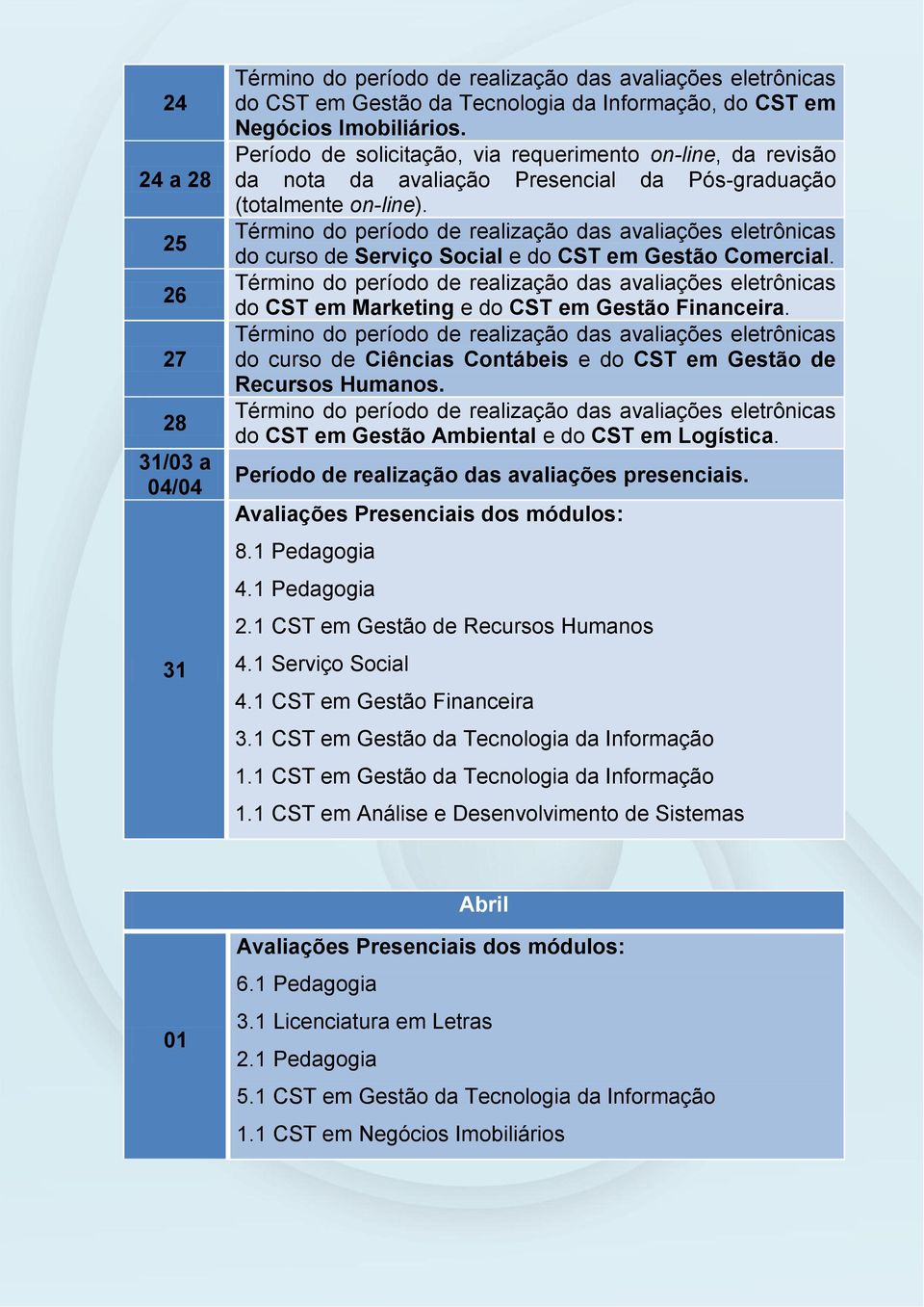 do CST em Marketing e do CST em Gestão Financeira. do curso de Ciências Contábeis e do CST em Gestão de Recursos Humanos. do CST em Gestão Ambiental e do CST em Logística.