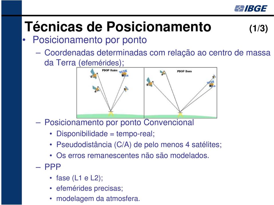 PPP Disponibilidade = tempo-real; Pseudodistância (C/A) de pelo menos 4 satélites; Os