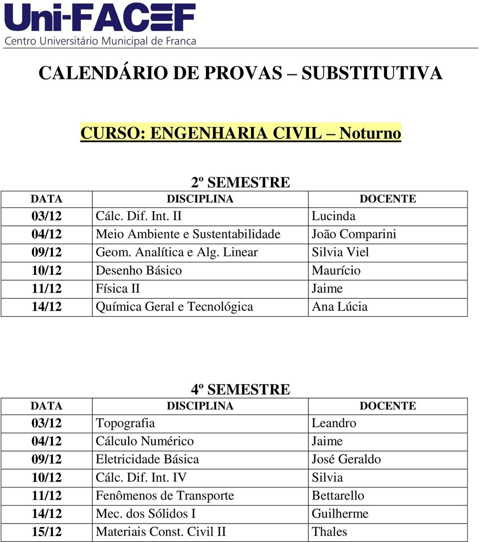 Linear Silvia Viel 10/12 Desenho Básico Maurício 11/12 Física II Jaime 14/12 Química Geral e Tecnológica Ana Lúcia DOCENTE 03/12