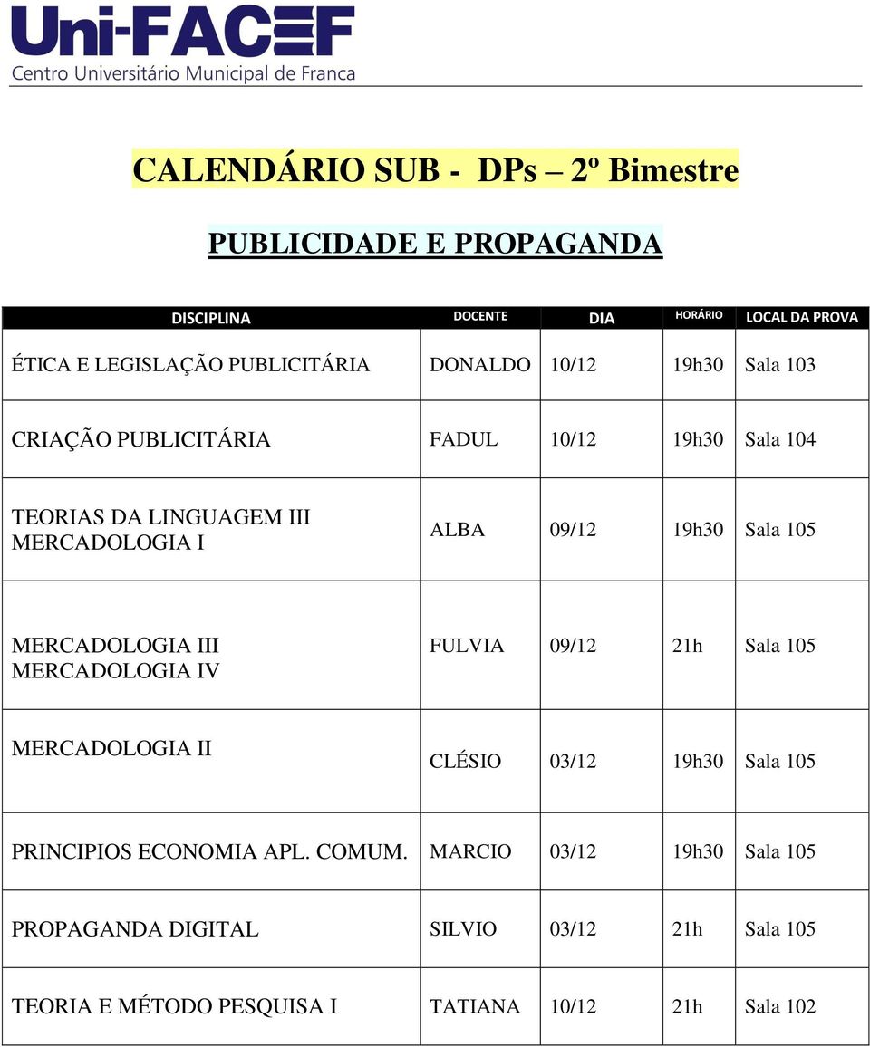 105 MERCADOLOGIA III MERCADOLOGIA IV FULVIA 09/12 21h Sala 105 MERCADOLOGIA II CLÉSIO 03/12 19h30 Sala 105 PRINCIPIOS ECONOMIA APL.