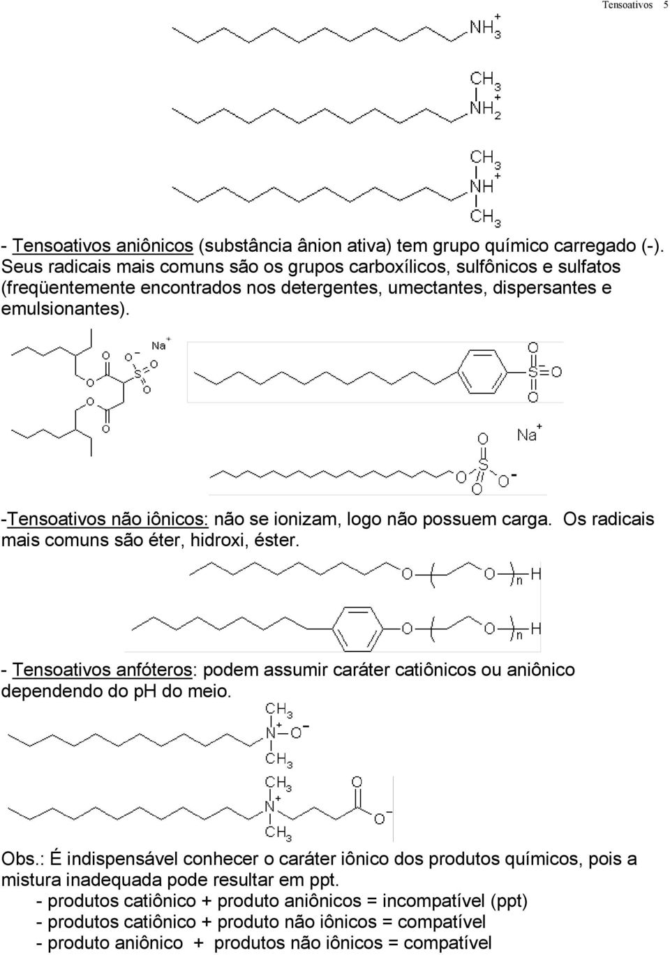 -Tensoativos não iônicos: não se ionizam, logo não possuem carga. Os radicais mais comuns são éter, hidroxi, éster.