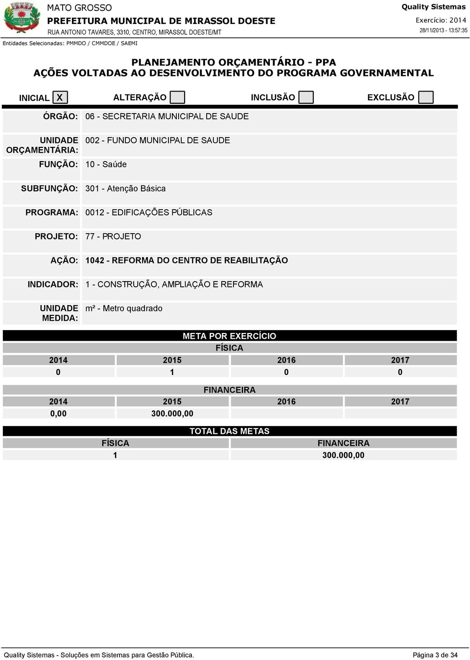 Básica PROGRAMA: 2 - EDIFICAÇÕES PÚBLICAS PROJETO: 77 - PROJETO AÇÃO: 42 - REFORMA DO CENTRO DE