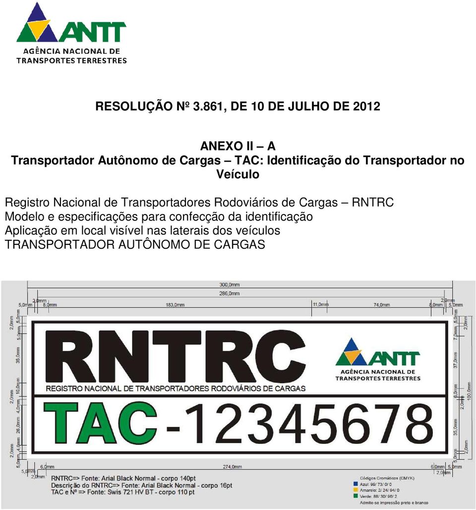 de Cargas RNTRC Modelo e especificações para confecção da identificação