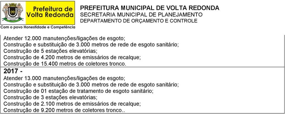 200 metros de emissários de recalque; Construção de 15.400 metros de coletores tronco. Atender 13.