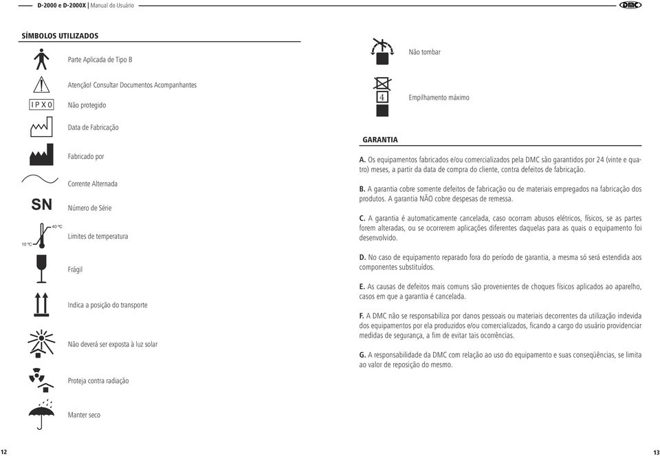 10 ºC 40 ºC Corrente Alternada Número de Série Limites de temperatura B. A garantia cobre somente defeitos de fabricação ou de materiais empregados na fabricação dos produtos.