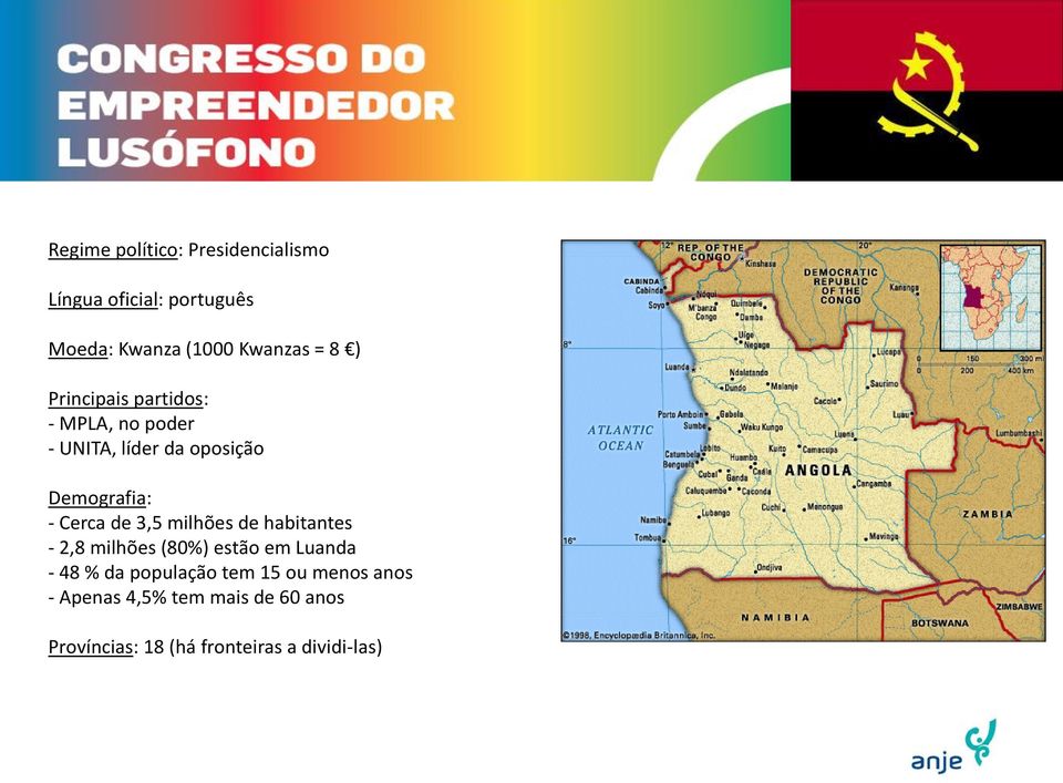 de 3,5 milhões de habitantes - 2,8 milhões (80%) estão em Luanda - 48 % da população tem