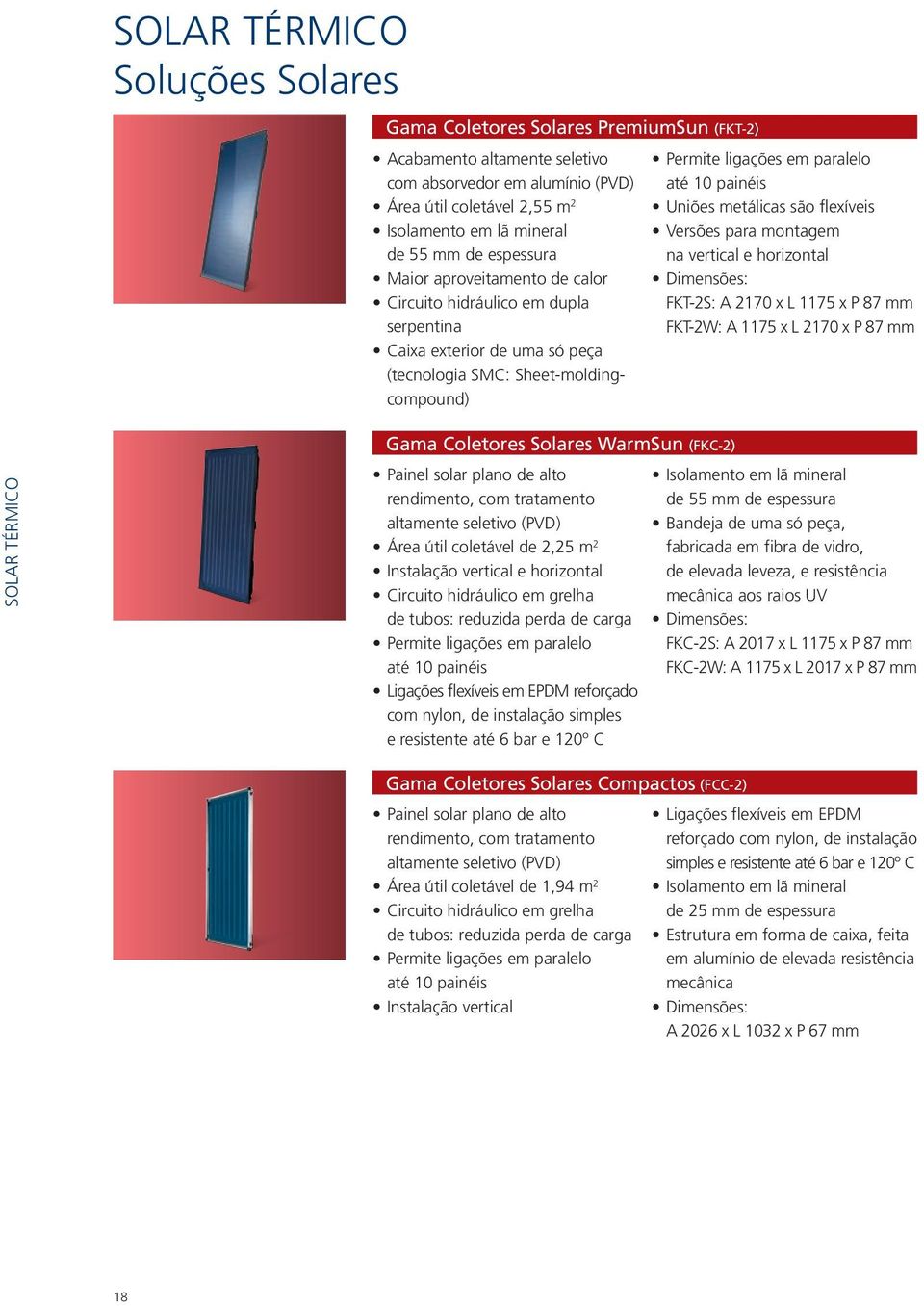 Uniões metálicas são flexíveis Versões para montagem na vertical e horizontal FKT-2S: A 2170 x L 1175 x P 87 mm FKT-2W: A 1175 x L 2170 x P 87 mm SOLAR TÉRMICO Gama Coletores Solares WarmSun (FKC-2)