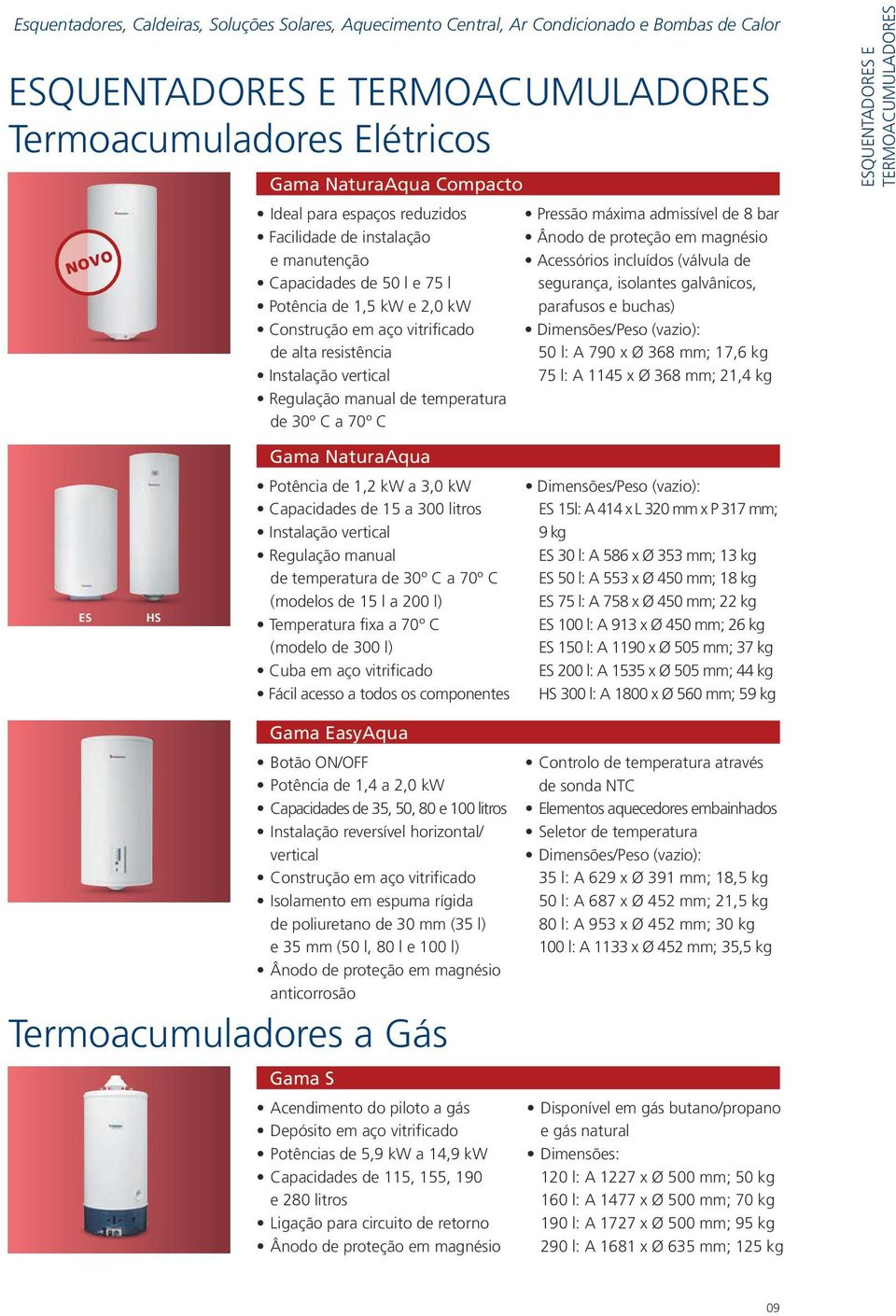 de temperatura de 30º C a 70º C Pressão máxima admissível de 8 bar Ânodo de proteção em magnésio Acessórios incluídos (válvula de segurança, isolantes galvânicos, parafusos e buchas) Dimensões/Peso