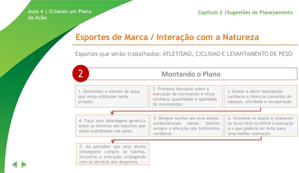 Ensine a aferir batimentos cardíacos e insira os conceitos de repouso, atividade e recuperação. 4. Faça uma abordagem genérica entre as técnicas dos esportes que serão trabalhados nas aulas. 5.