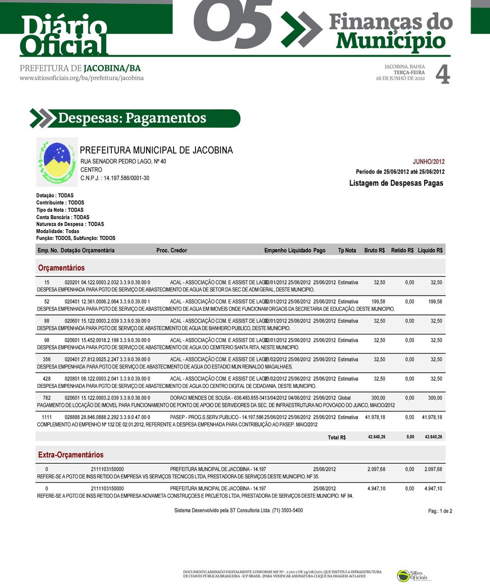 E ASSIST DE LAGE 02/01/2012 25/06/2012 25/06/2012 Estimativa DESPESA EMPENHADA PARA PGTO DE SERVIÇO DE ABASTECIMENTO DE AGUA DE SETOR DA SEC DE ADM GERAL, DESTE MUNICIPIO. 52 020401 12.361.0006.2.064 3.