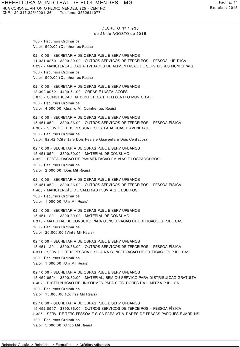 307 - SERV.DE TERC.PESSOA FISICA PARA RUAS E AVENIDAS. Valor: 82,42 (Oitenta e Dois Reais e Quarenta e Dois Centavos) 15.451.0501-3390.30.00 - MATERIAL DE CONSUMO 4.