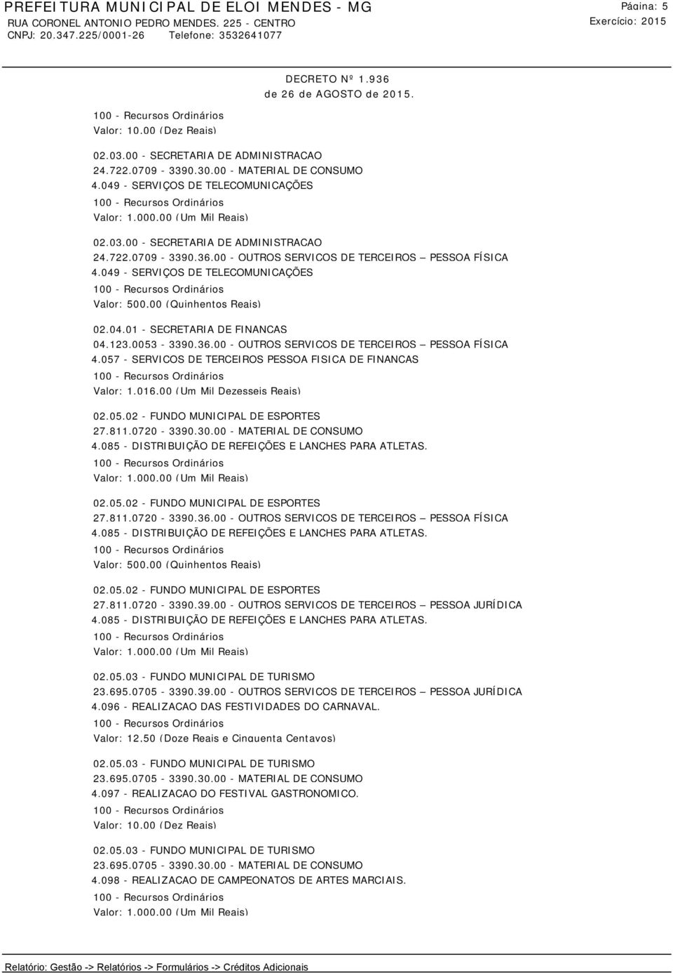 057 - SERVICOS DE TERCEIROS PESSOA FISICA DE FINANCAS Valor: 1.016,00 (Um Mil Dezesseis Reais) 02.05.02 - FUNDO MUNICIPAL DE ESPORTES 27.811.0720-3390.30.00 - MATERIAL DE CONSUMO 4.
