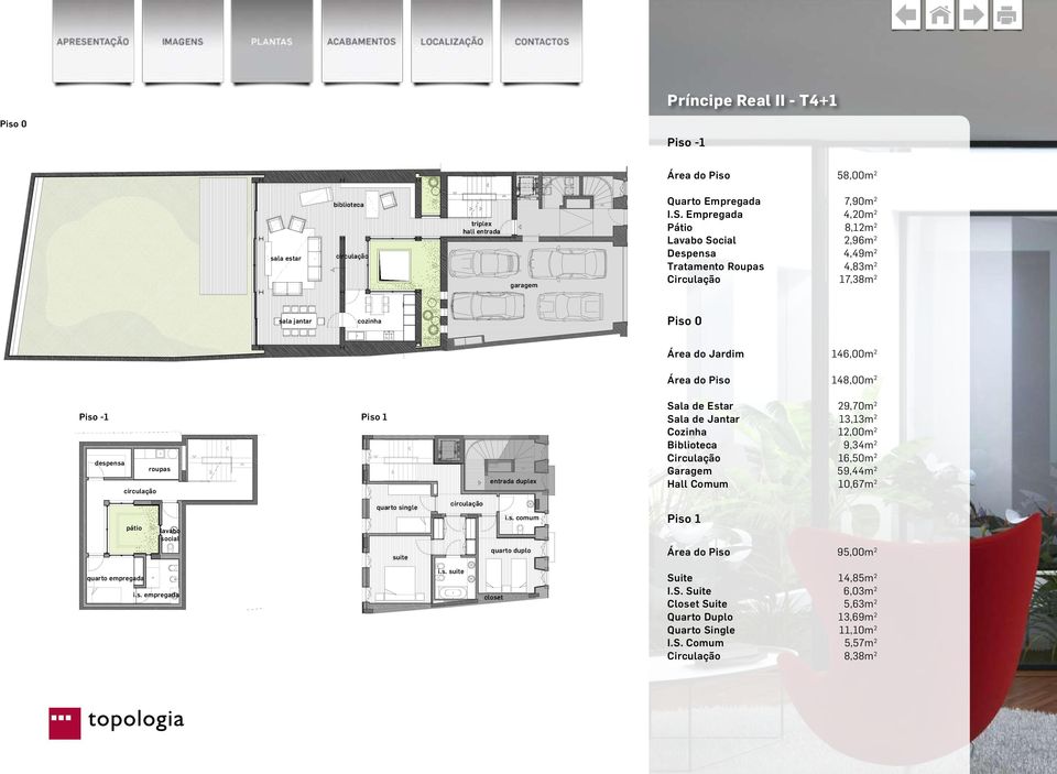 Piso -1 despensa circulação roupas Piso 1 entrada duplex Sala de Estar Sala de Jantar Cozinha Biblioteca Circulação Garagem Hall Comum 29,70m 2 13,13m 2 12,00m 2 9,34m 2 16,50m 2 59,44m 2 10,67m 2