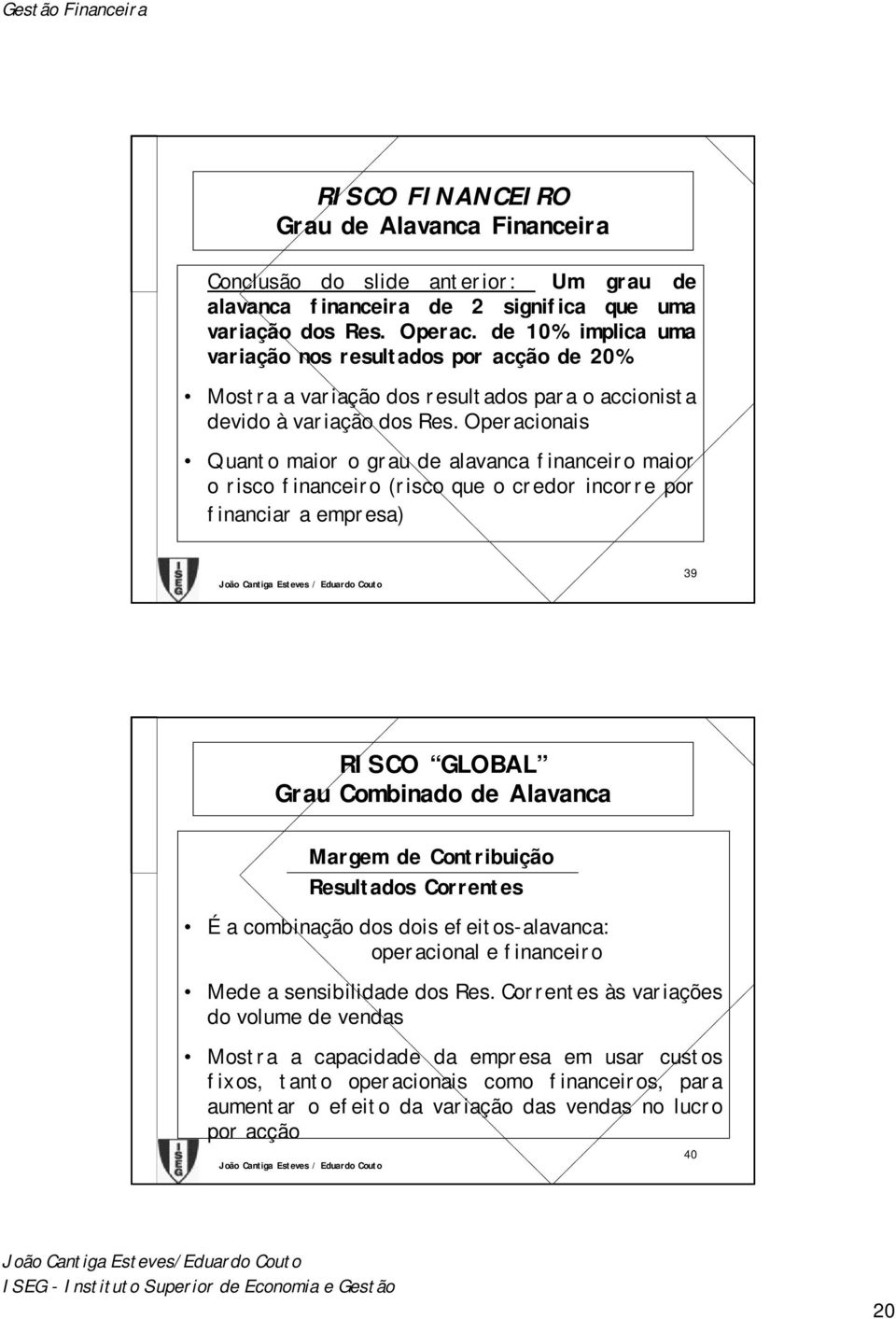 Operacionais Quanto maior o grau de alavanca financeiro maior o risco financeiro (risco que o credor incorre por financiar a empresa) 39 RISCO GLOBAL Grau Combinado de Alavanca Margem de Contribuição