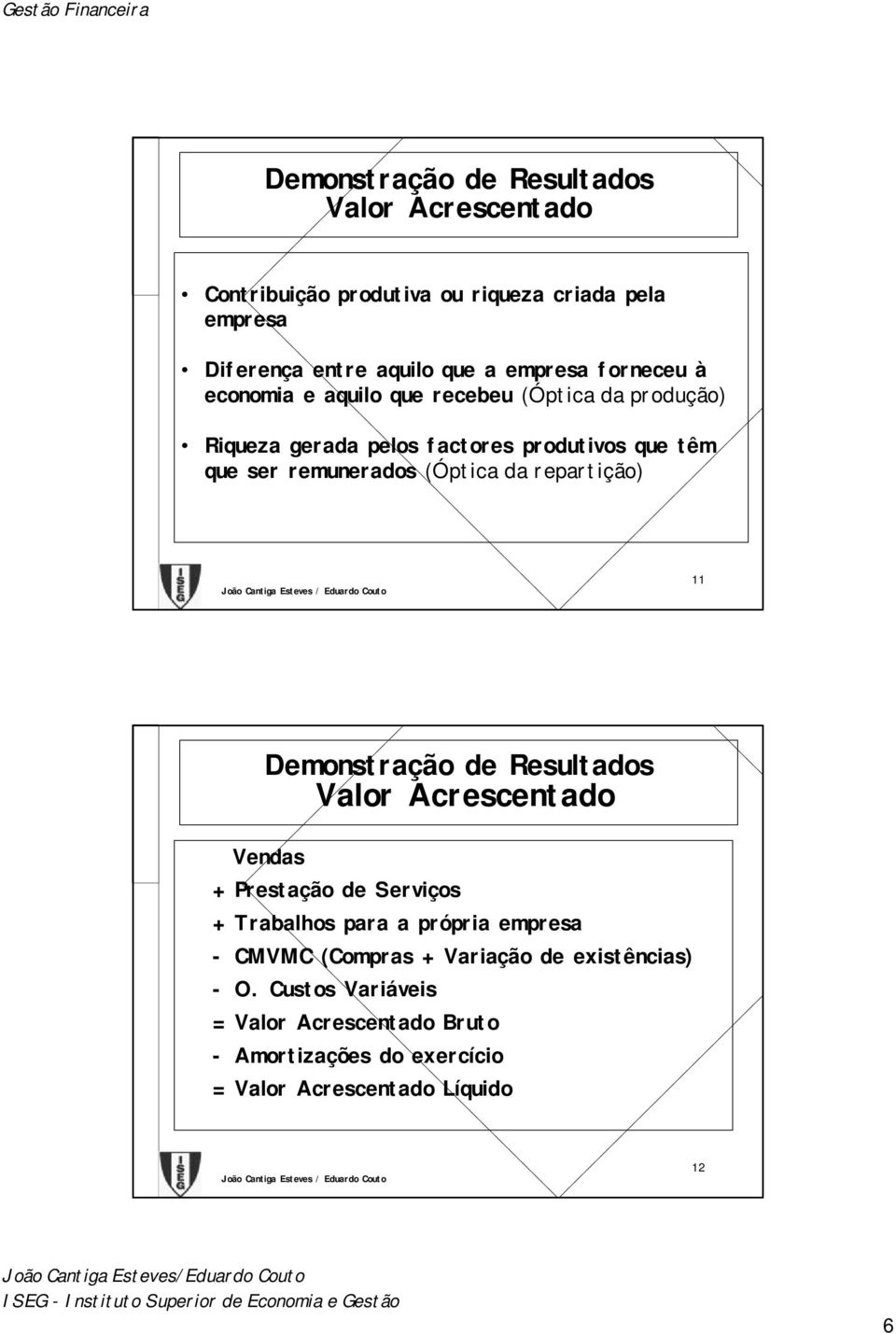 da repartição) 11 Demonstração de Resultados Valor Acrescentado Vendas + Prestação de Serviços + Trabalhos para a própria empresa - CMVMC