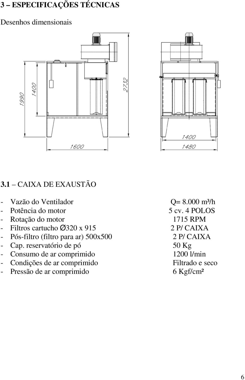 4 POLOS - Rotação do motor 1715 RPM - Filtros cartucho Ø320 x 915 2 P/ CAIXA - Pós-filtro (filtro para