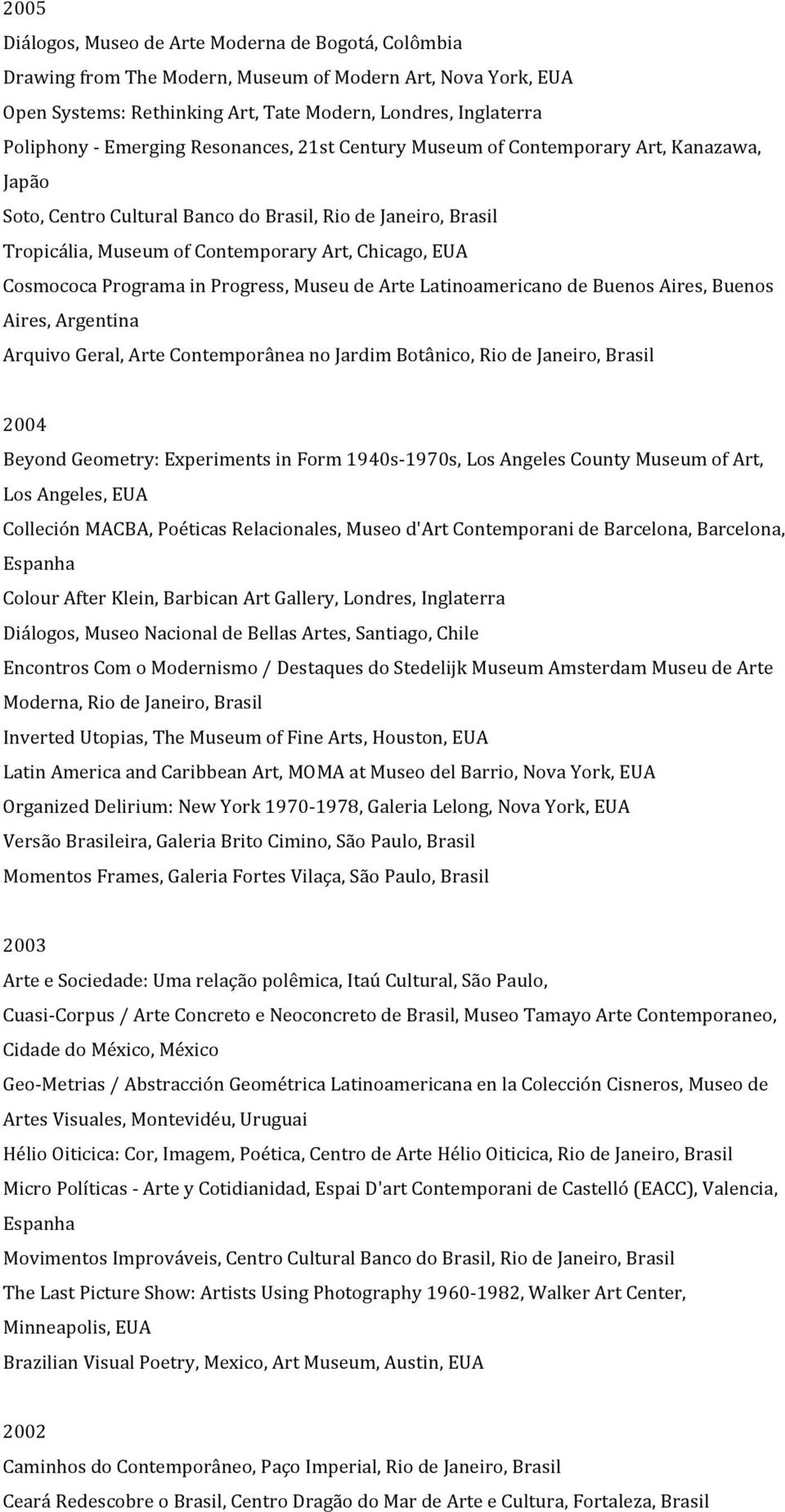 in Progress, Museu de Arte Latinoamericano de Buenos Aires, Buenos Aires, Argentina Arquivo Geral, Arte Contemporânea no Jardim Botânico, Rio de Janeiro, 2004 Beyond Geometry: Experiments in Form