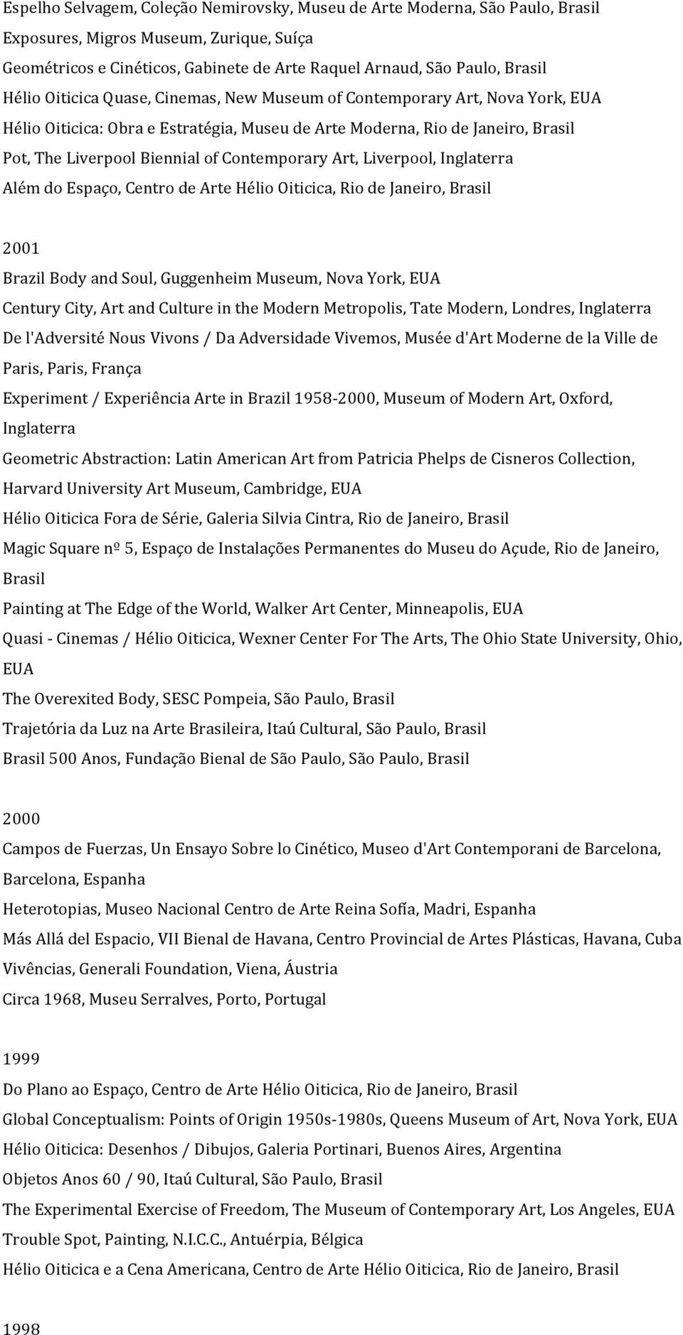 Inglaterra Além do Espaço, Centro de Arte Hélio Oiticica, Rio de Janeiro, 2001 Brazil Body and Soul, Guggenheim Museum, Nova York, EUA Century City, Art and Culture in the Modern Metropolis, Tate