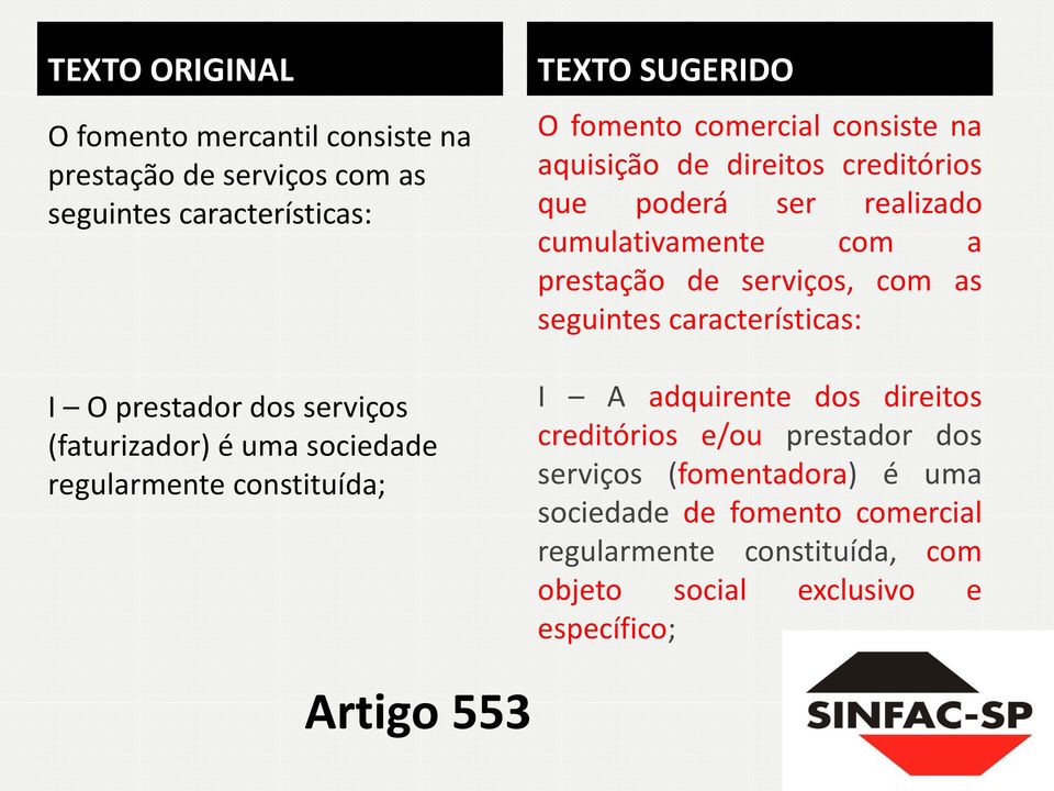 cumulativamente com a prestação de serviços, com as seguintes características: I A adquirente dos direitos creditórios e/ou prestador