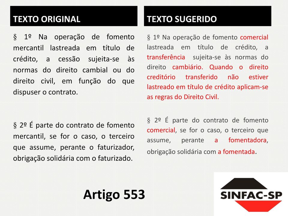 Quando o direito creditório transferido não estiver lastreado em título de crédito aplicam-se as regras do Direito Civil.