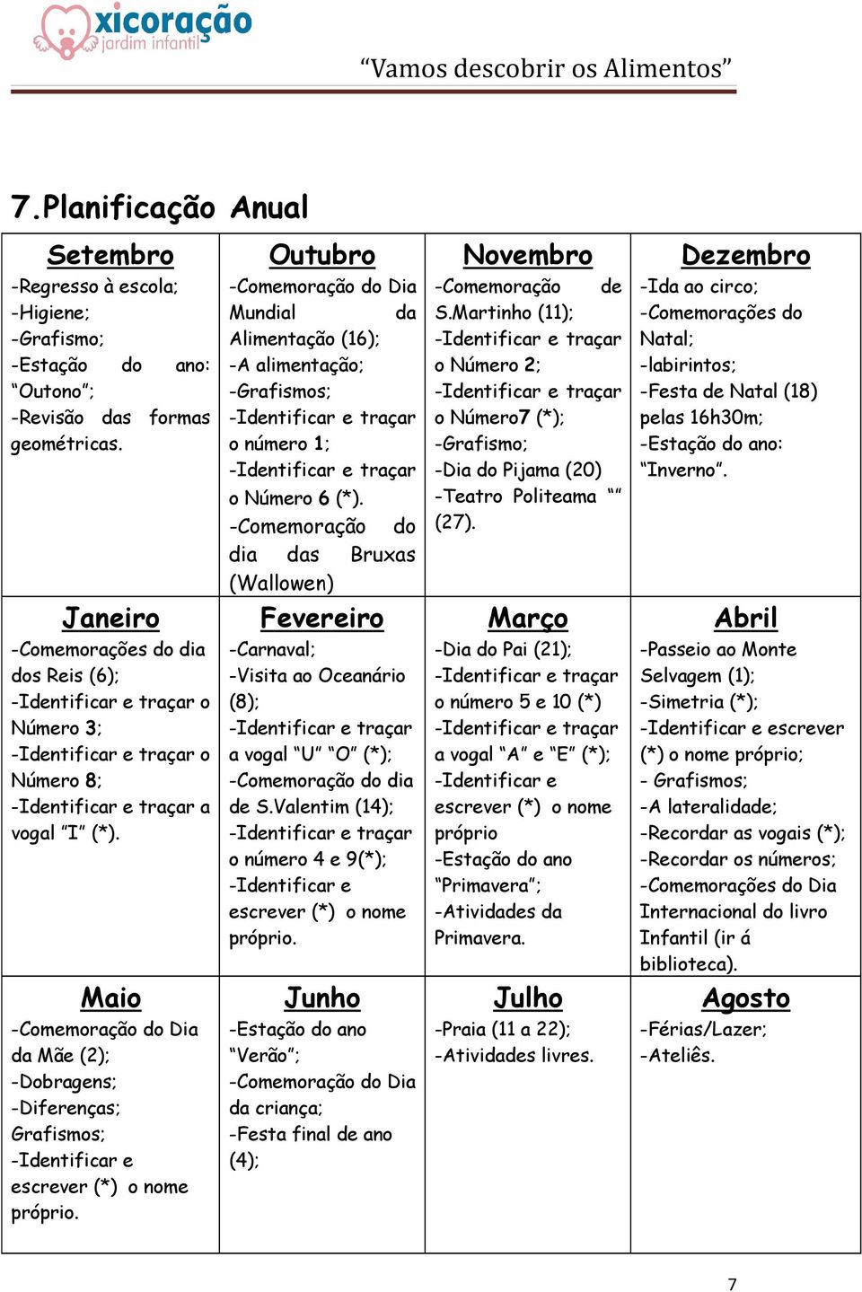 Outubro -Comemoração do Dia Mundial da Alimentação (16); -A alimentação; -Grafismos; o número 1; o Número 6 (*).