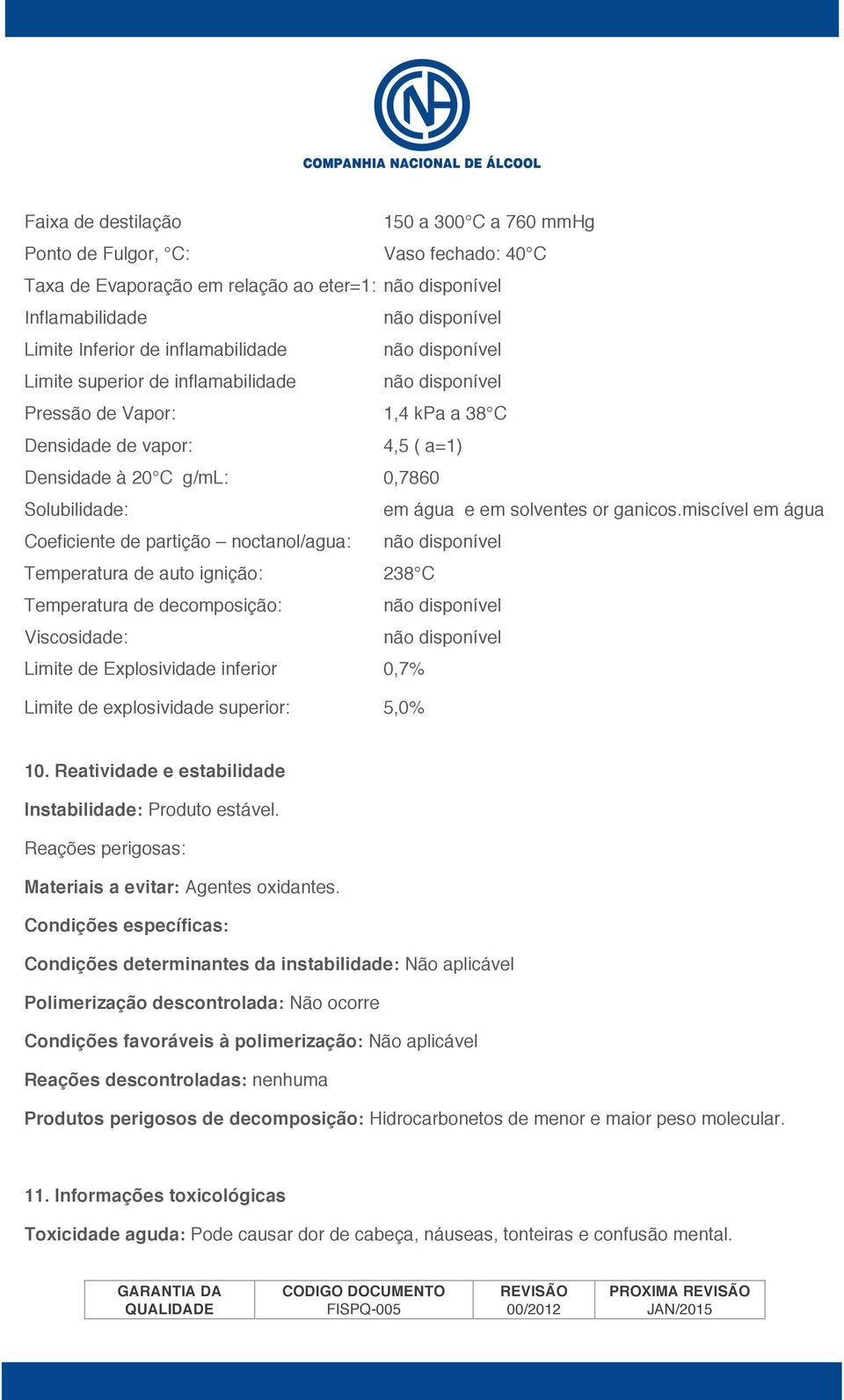 miscível em água Coeficiente de partição noctanol/agua: Temperatura de auto ignição: 238 C Temperatura de decomposição: Viscosidade: Limite de Explosividade inferior 0,7% Limite de explosividade