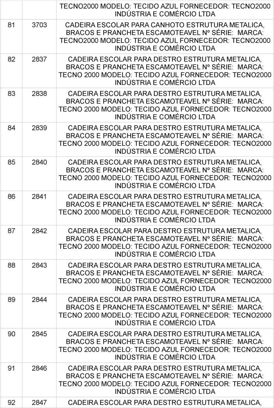 METALICA, 86 2841 CADEIRA ESCOLAR PARA DESTRO ESTRUTURA METALICA, 87 2842 CADEIRA ESCOLAR PARA DESTRO ESTRUTURA METALICA, 88 2843 CADEIRA ESCOLAR PARA DESTRO ESTRUTURA METALICA, 89 2844 CADEIRA