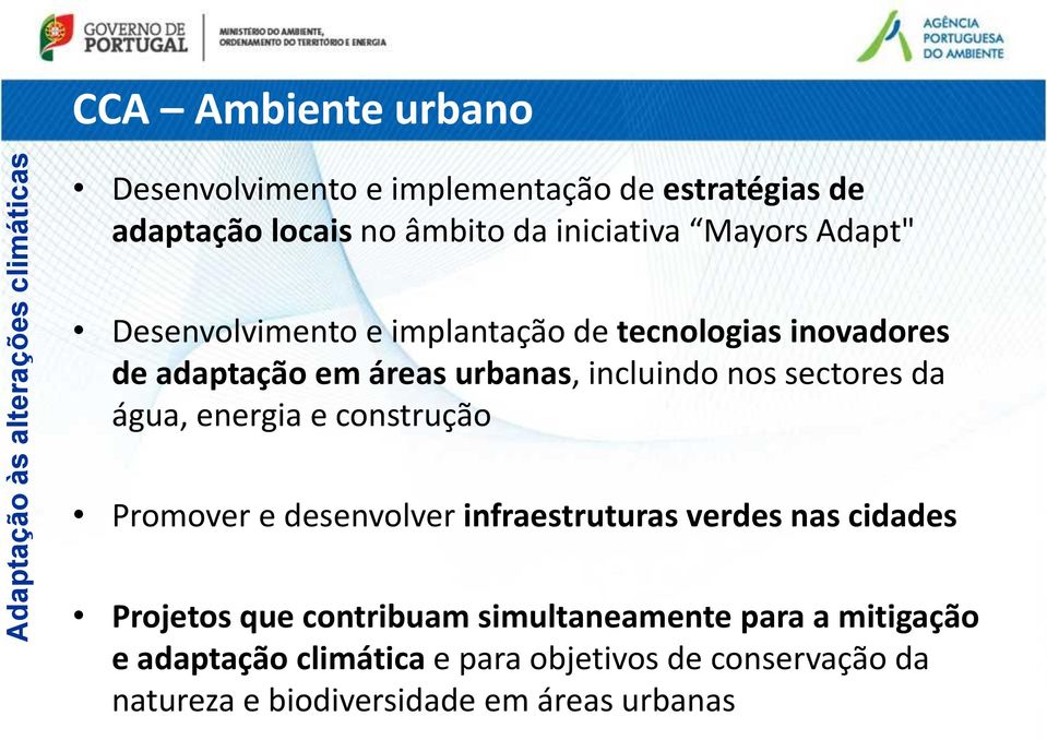 incluindo nos sectores da água, energia e construção Promover e desenvolver infraestruturas verdes nas cidades Projetos que