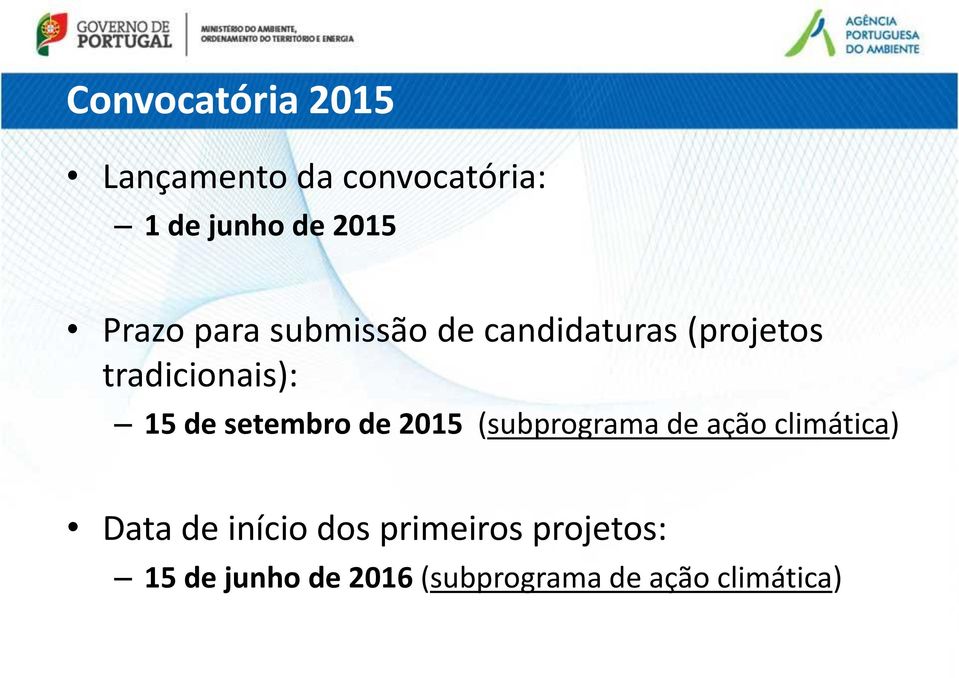 setembro de 2015 (subprograma de ação climática) Data de início dos