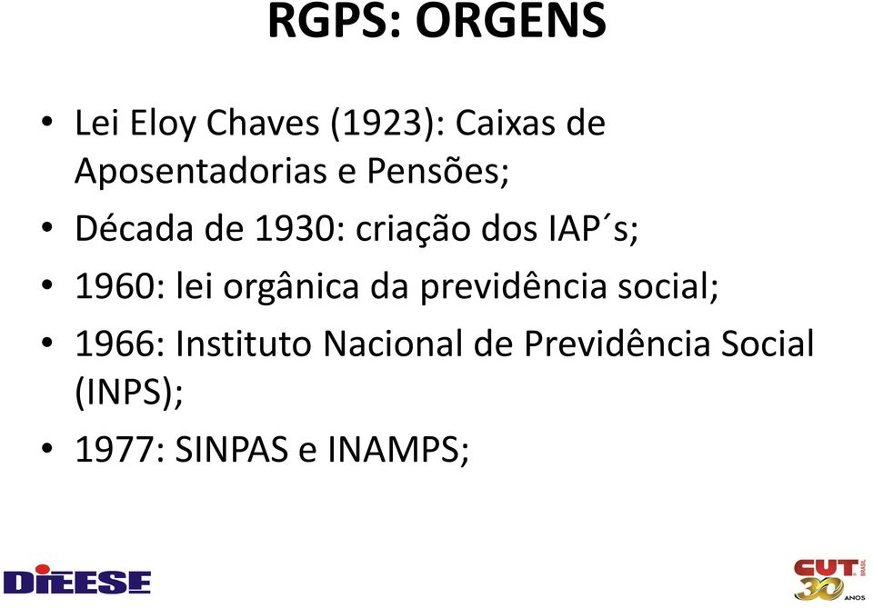 IAP s; 1960: lei orgânica da previdência social; 1966: