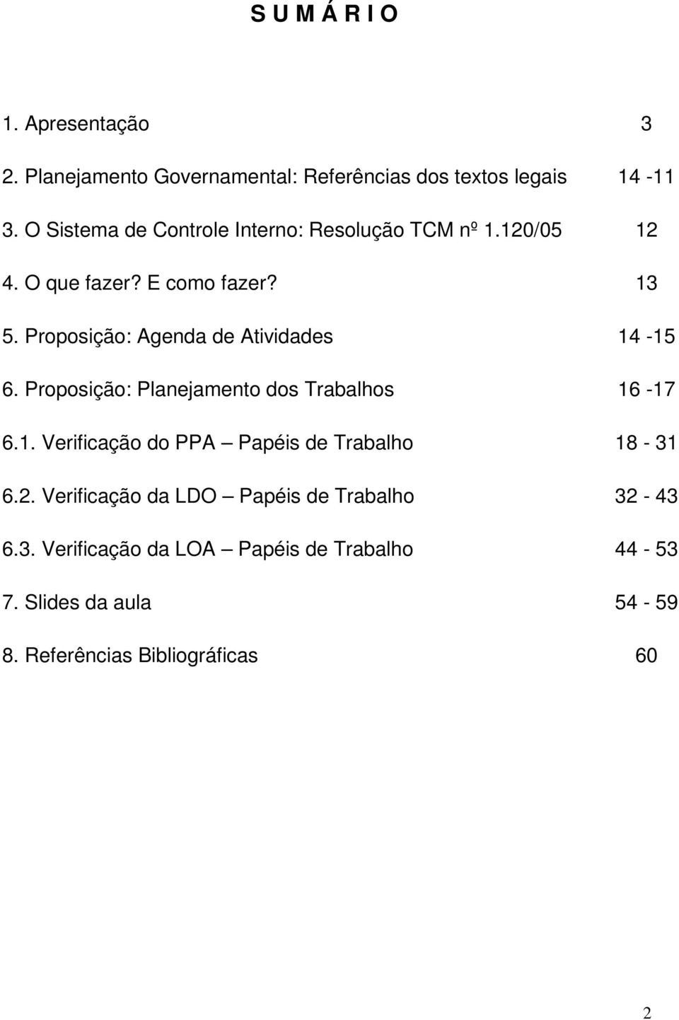 Proposição: Agenda de Atividades 14-15 6. Proposição: Planejamento dos Trabalhos 16-17 6.1. Verificação do PPA Papéis de Trabalho 18-31 6.