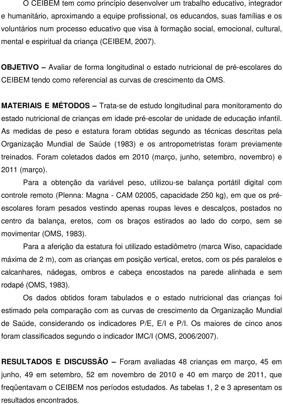 OBJETIVO Avaliar de forma longitudinal o estado nutricional de pré-escolares do CEIBEM tendo como referencial as curvas de crescimento da OMS.