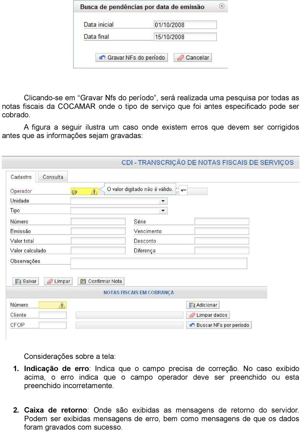 Indicação de erro: Indica que o campo precisa de correção.