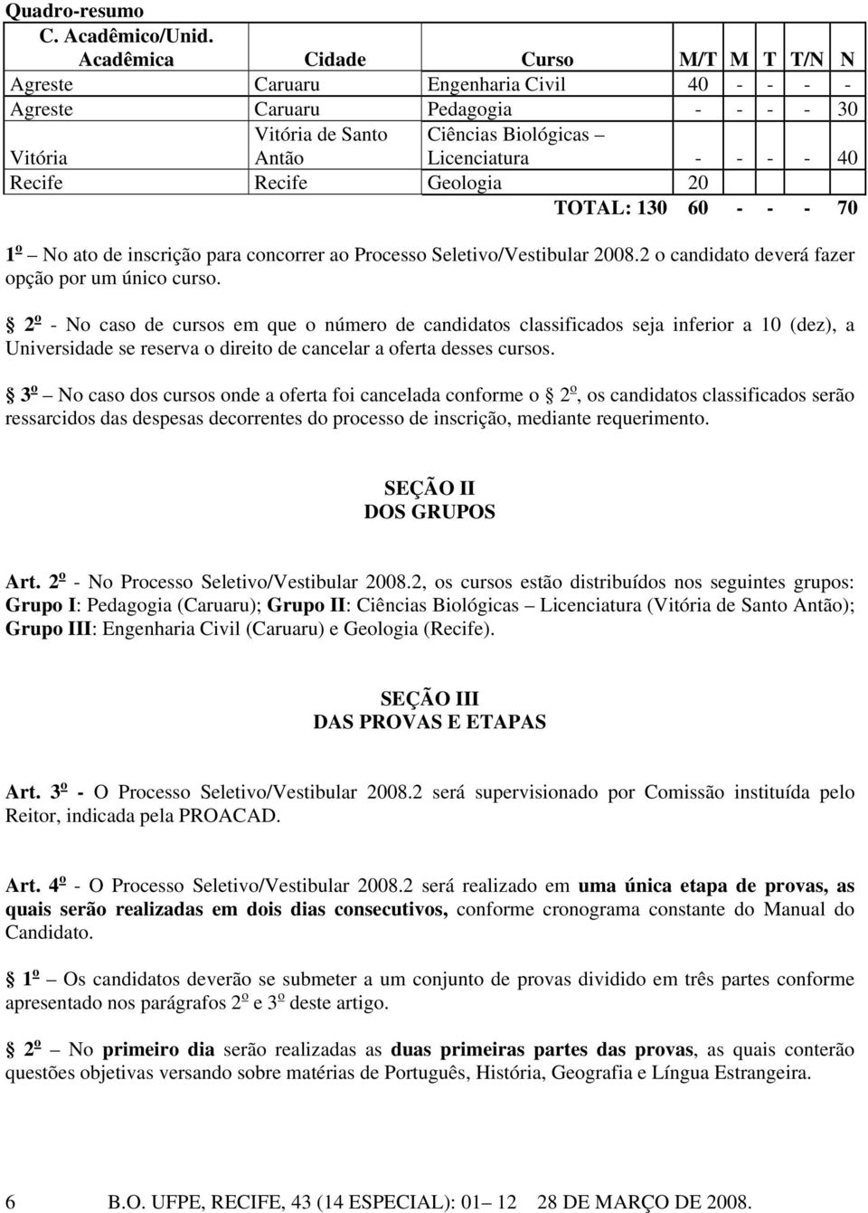 Recife Geologia 20 TOTAL: 130 60 - - - 70 1 o No ato de inscrição para concorrer ao Processo Seletivo/Vestibular 2008.2 o candidato deverá fazer opção por um único curso.