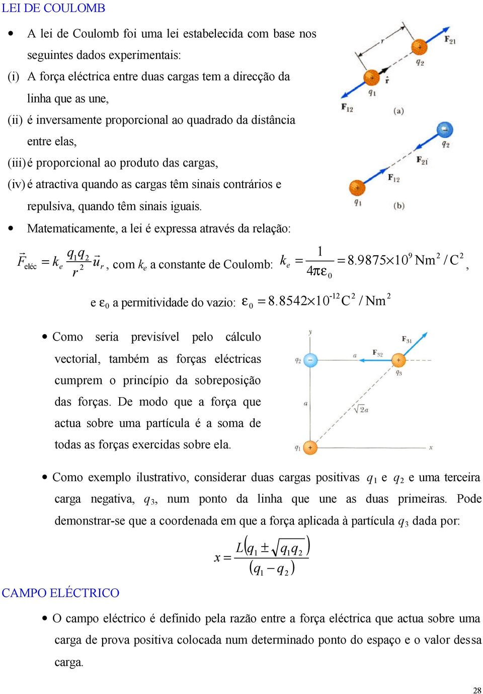 Matmatcamnt, a l é xpssa atavés da lação: F léc k q q 1 u, com k a constant d Coulomb: 1 9 k 8.9875 10 Nm / C 4 πε, 0 ε 0 a pmtvdad do vazo: ε -1 0 8.