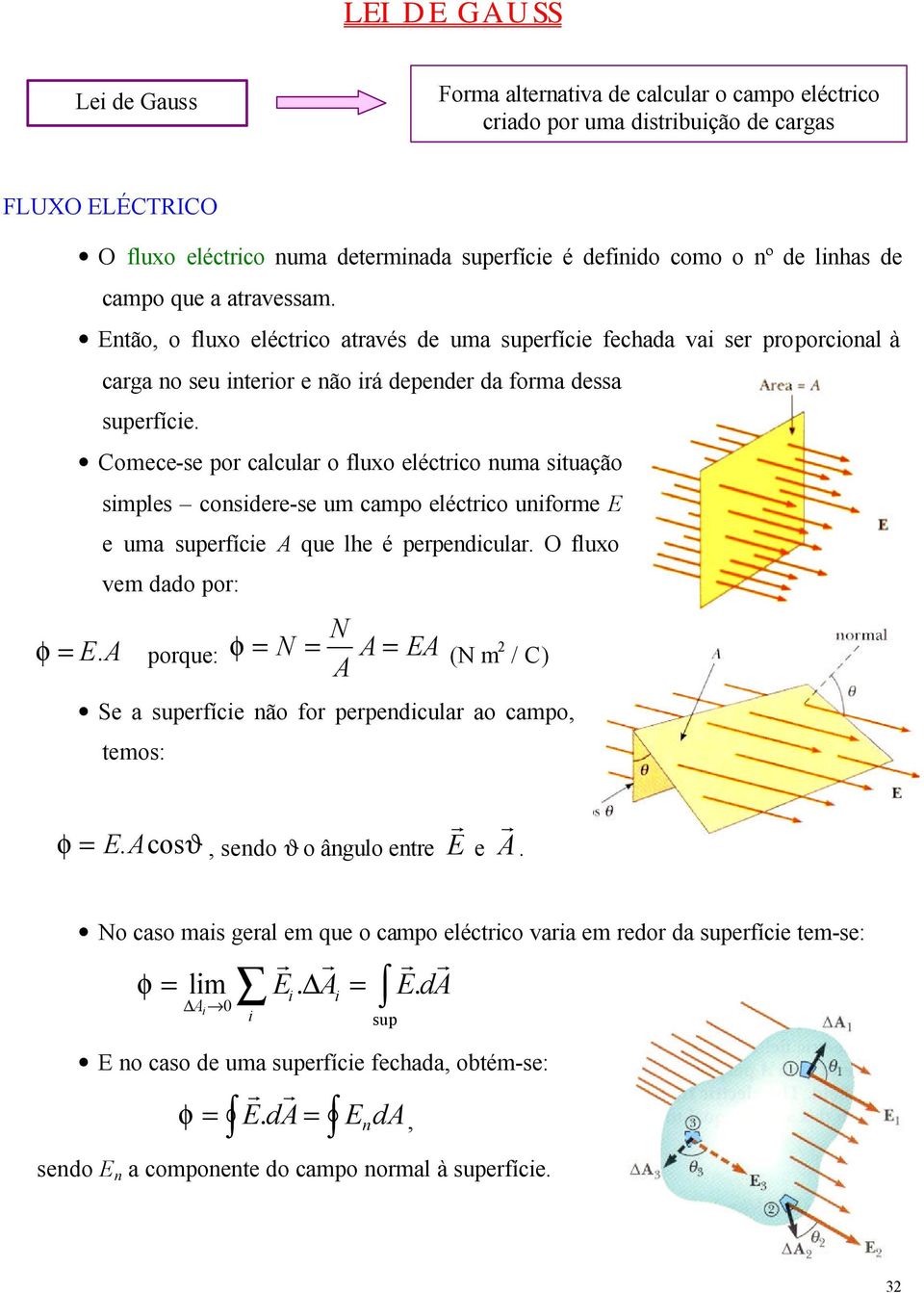 Comc-s po calcula o fluxo léctco numa stuação smpls consd-s um campo léctco unfom E uma supfíc A qu lh é ppndcula. O fluxo vm dado po: N φ E.