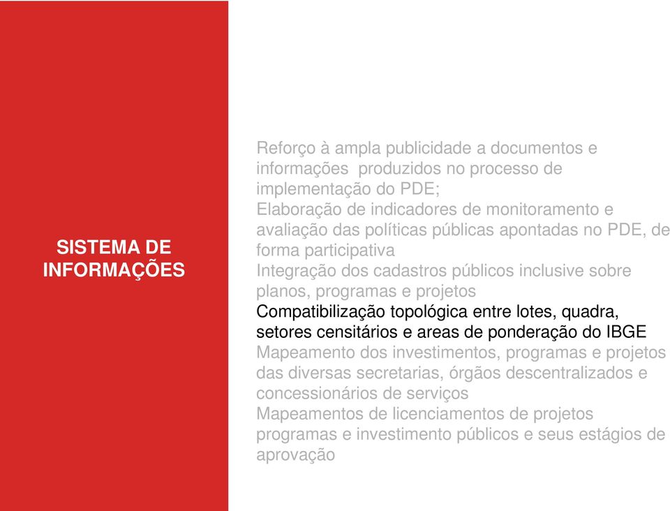 projetos Compatibilização topológica entre lotes, quadra, setores censitários e areas de ponderação do IBGE Mapeamento dos investimentos, programas e projetos das